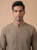 Olive Green Silk Kurta Set with Antique Gold Aligarhi for Men – Ethnic Wear - KORANM