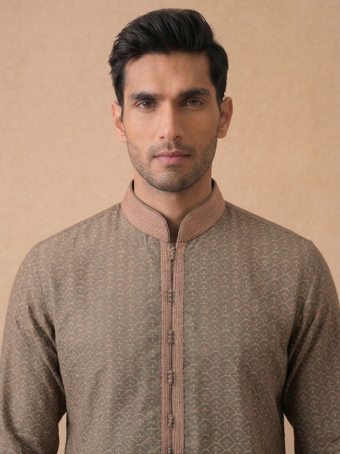 Olive Green Silk Kurta Set with Antique Gold Aligarhi for Men – Ethnic Wear - KORANM