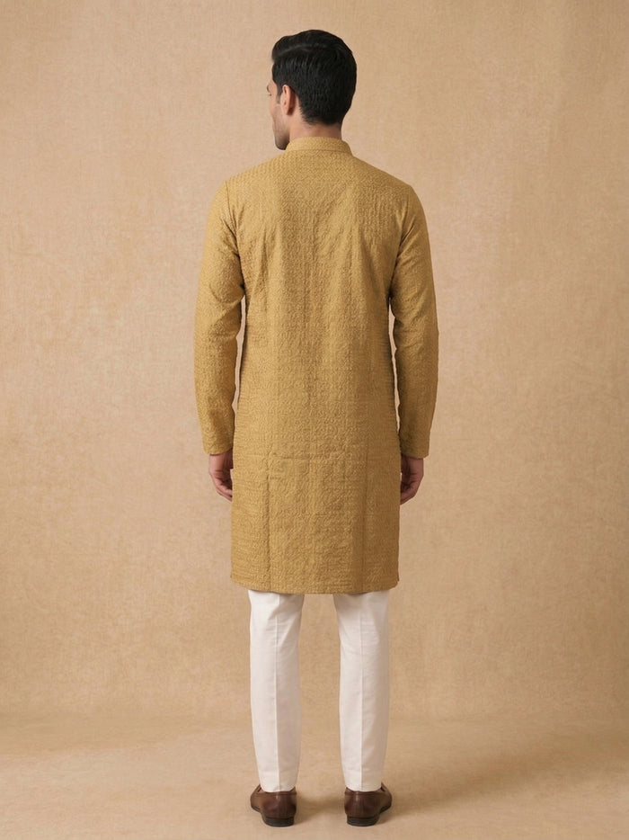 Mustard Silk Kurta Set with White Aligarhi for Men – Classic Ethnic Wear - KORANM