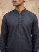 Navy Blue Linen Embroidered Kurta & Aligarhi Set