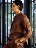 Dark Brown Linen Paisley Embroidered Bandi Set for Men with Chinese Collar Shirt
