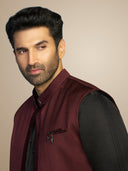 Black Slub Satin Open Bandi Kurta Set with Salwar - Aditya Roy Kapur Collection