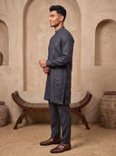 Navy Blue Linen Embroidered Kurta & Aligarhi Set