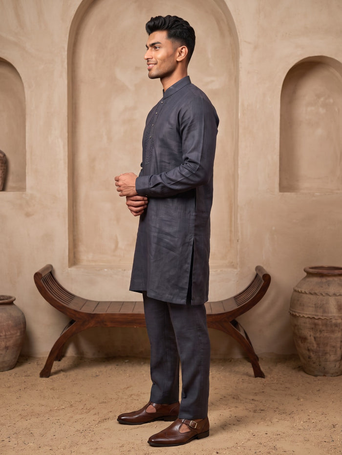Navy Blue Linen Embroidered Kurta & Aligarhi Set - KORANM
