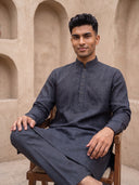 Navy Blue Linen Embroidered Kurta & Aligarhi Set