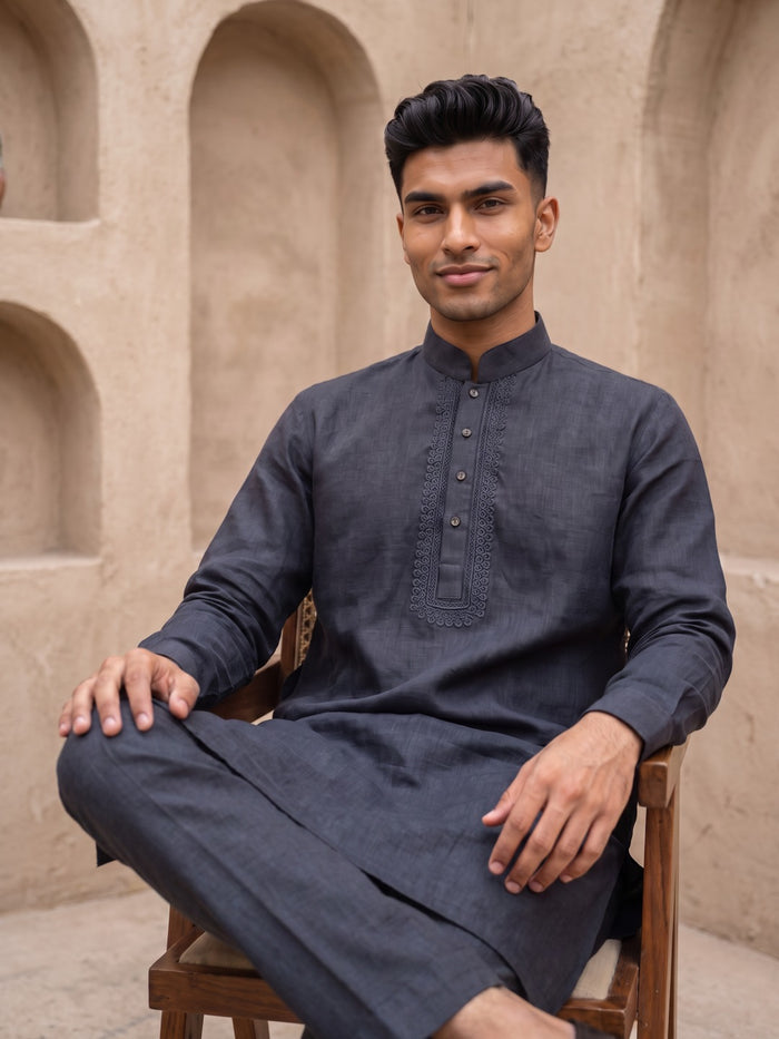 Navy Blue Linen Embroidered Kurta & Aligarhi Set - KORANM