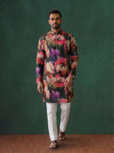 Black Raw Silk Kurta Set with White Aligarhi for Men – Floral Ethnic Wear - KORANM