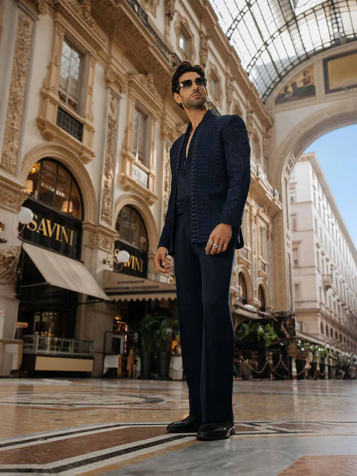 Navy Silk Indo-Western Kurta Pant Set for Men with Embroidery - KORANM
