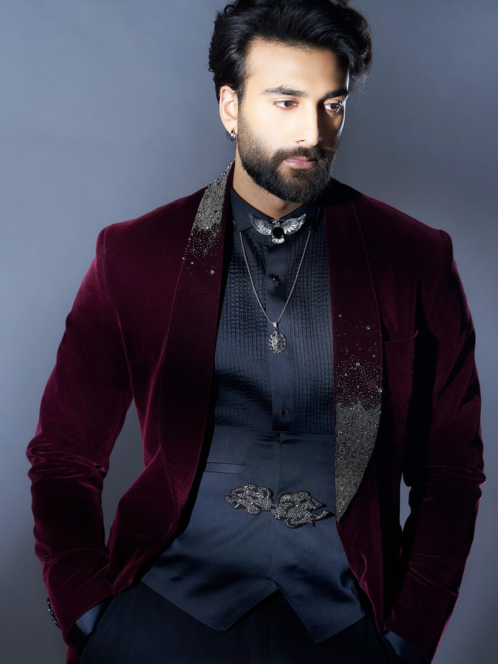 Classic Wine Velvet Embroidered Tuxedo Set with Black Pants | Worn by Meezaan Jafri - KORANM
