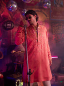 Dark Peach Satin Linen Embroidered Kurta Set with Off White Palazzo Pant | Men's Festive Wear - KORANM
