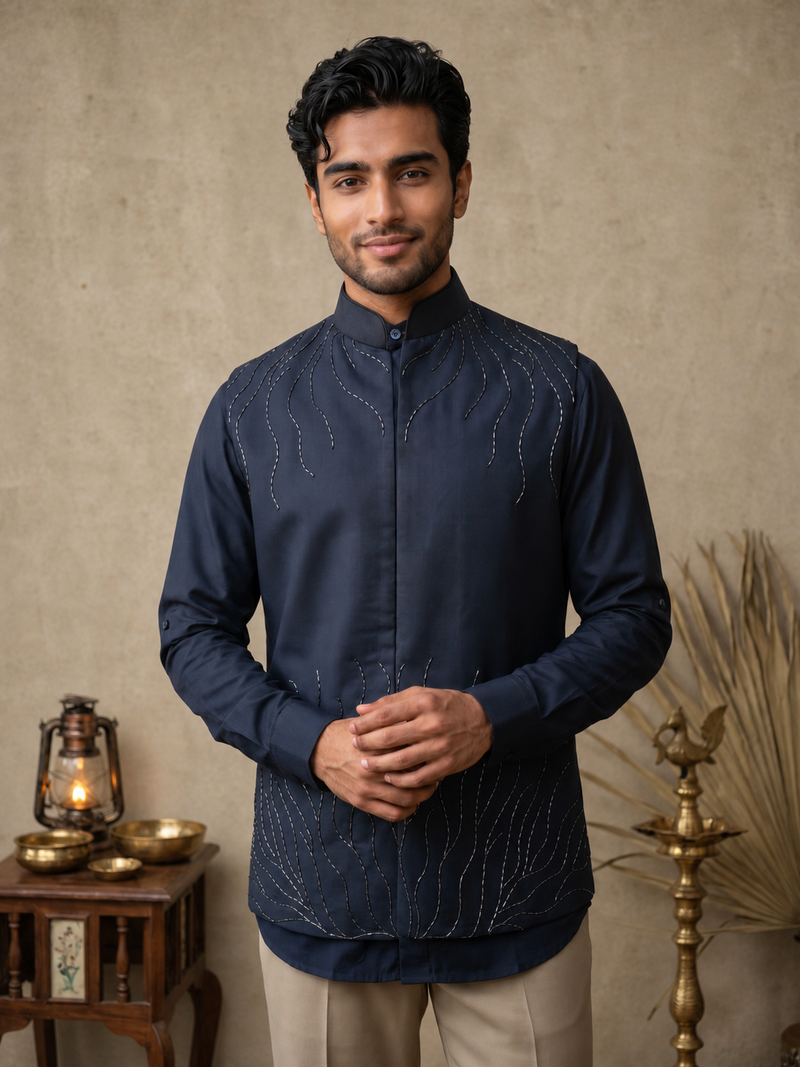 Navy Blue Terry Rayon Bandi Shirt with Embroidery - KORANM