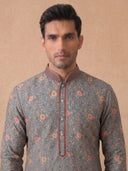 Blue Jacquard Silk Kurta Set with White Aligarhi for Men – Floral Printed Ethnic Wear - KORANM