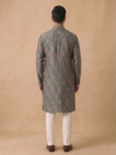 Blue Jacquard Silk Kurta Set with White Aligarhi for Men – Floral Printed Ethnic Wear - KORANM