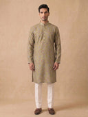 Mustard Silk Kurta Set with White Aligarhi – Multicolor Floral Ethnic Wear for Men