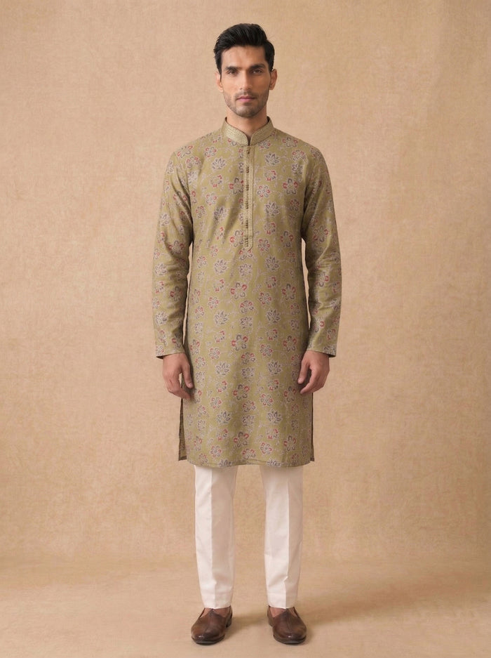 Mustard Silk Kurta Set with White Aligarhi – Multicolor Floral Ethnic Wear for Men - KORANM