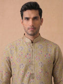 Mustard Silk Kurta Set with White Aligarhi – Multicolor Floral Ethnic Wear for Men - KORANM