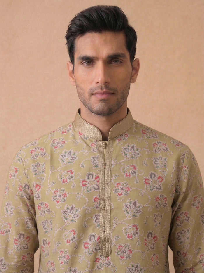 Mustard Silk Kurta Set with White Aligarhi – Multicolor Floral Ethnic Wear for Men - KORANM