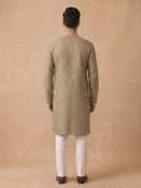 Mustard Silk Kurta Set with White Aligarhi – Multicolor Floral Ethnic Wear for Men