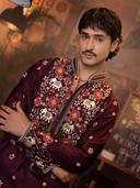 Wine Satin Linen Embroidered Kurta Set with Off White Plazo Pants | Men's Festive Wear