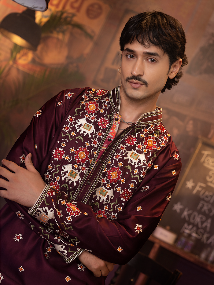 Wine Satin Linen Embroidered Kurta Set with Off White Plazo Pants | Men's Festive Wear
