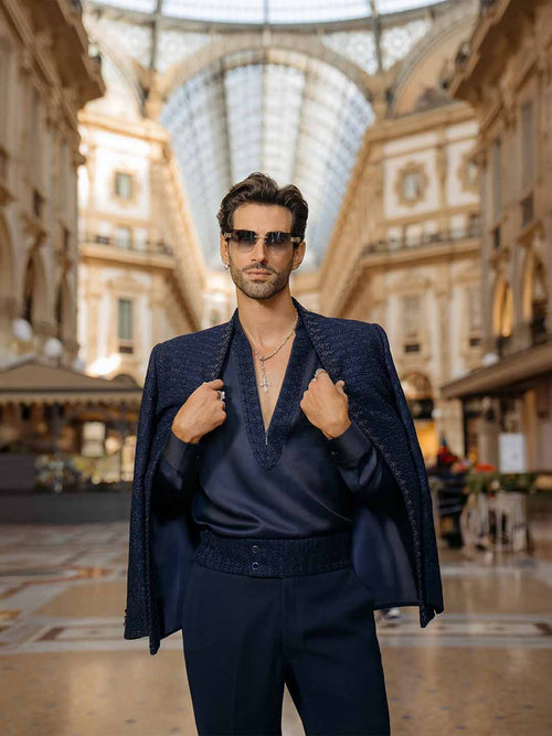 Navy Silk Indo-Western Kurta Pant Set for Men with Embroidery - KORANM