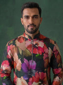Black Raw Silk Kurta Set with White Aligarhi for Men – Floral Ethnic Wear - KORANM
