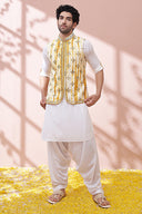 Luster White Kurta Set With Tie And Dye Embellished Bandi Set