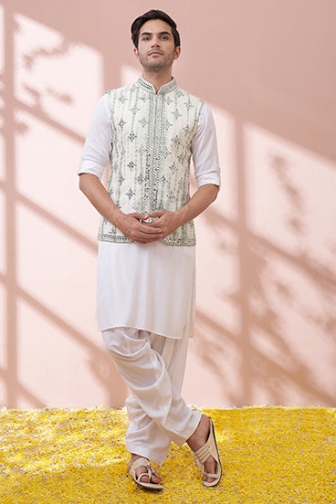 Pure White Kurta Set With Tie And Dye Embellished Bandi Set
