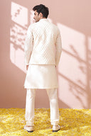 Classic White Self Textured Kurta With Lucknowi Embroidered Jacket Set - KORANM