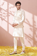 Classic White Self Textured Kurta With Lucknowi Embroidered Jacket Set - KORANM