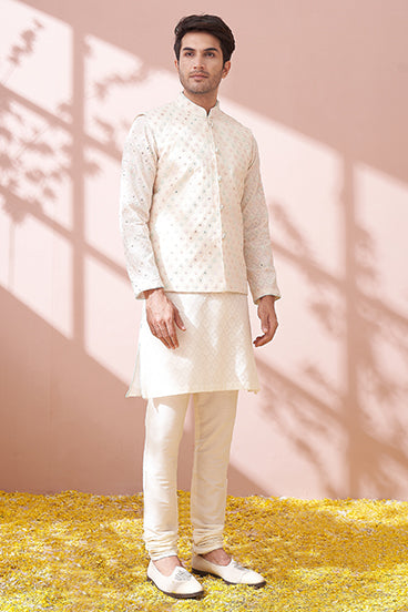 Classic White Self Textured Kurta With Lucknowi Embroidered Jacket Set