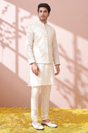 Classic White Self Textured Kurta With Lucknowi Embroidered Jacket Set
