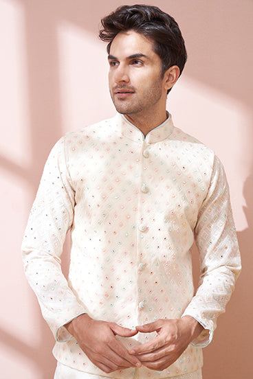 Classic White Self Textured Kurta With Lucknowi Embroidered Jacket Set