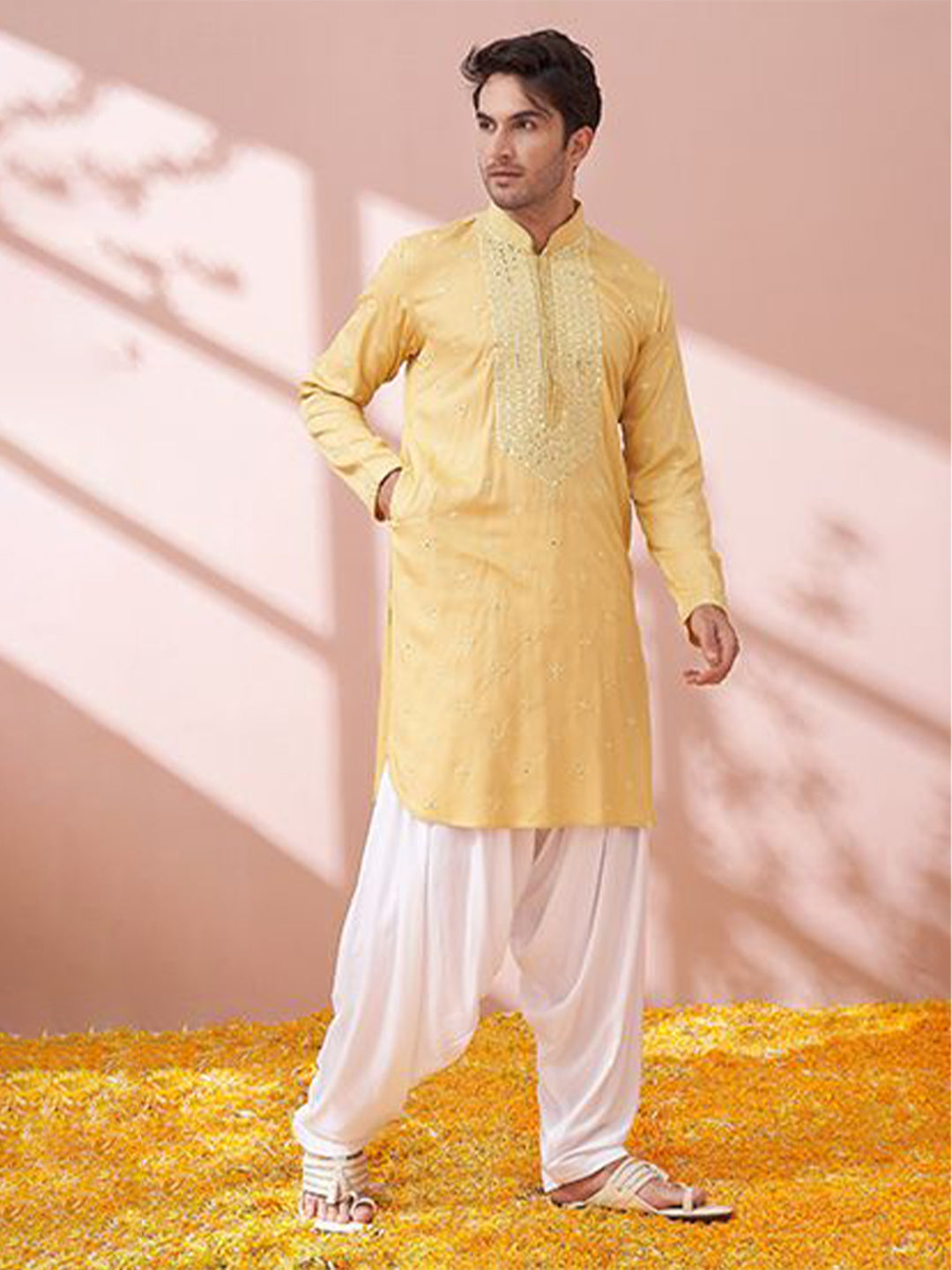 Soft Yellow Mirror Embroidered Pathani Set