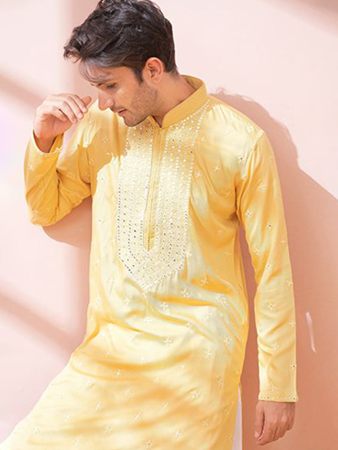 Soft Yellow Mirror Embroidered Pathani Set