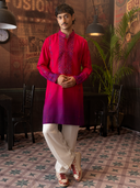 Pink Rose Silk Embroidered Kurta Set with Off White Plazo Pants | Men's Festive Wear