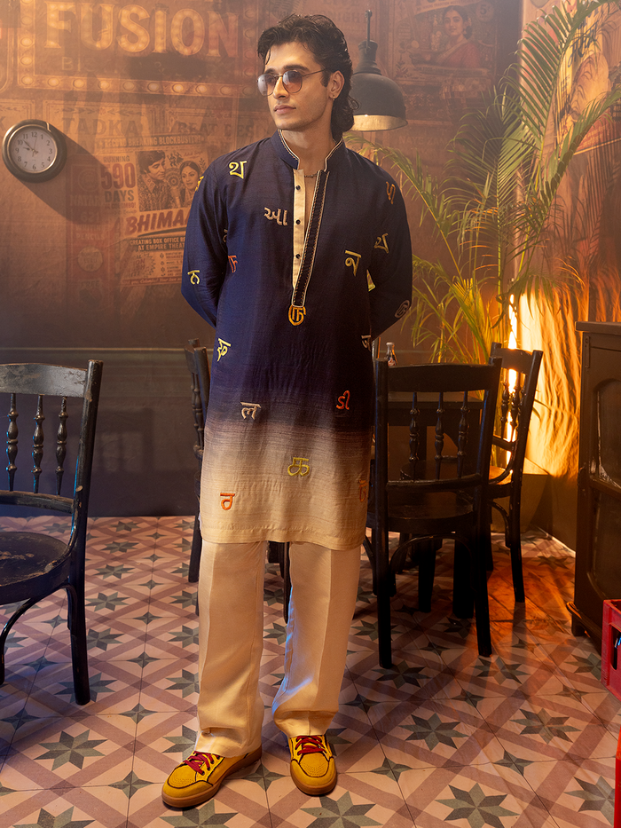 Navy Blue Rose Silk Embroidered Kurta Set with Beige Palazzo Pants | Men's Festive Wear - KORANM
