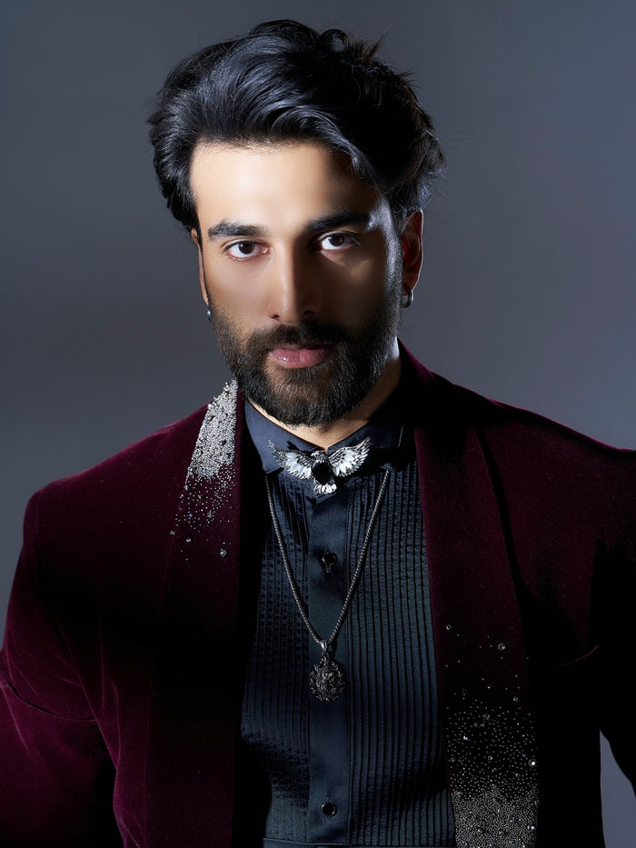 Classic Wine Velvet Embroidered Tuxedo Set with Black Pants | Worn by Meezaan Jafri - KORANM