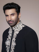 Black Satin Silk Embroidered Kurta Set- Aditya Roy Kapur Collection