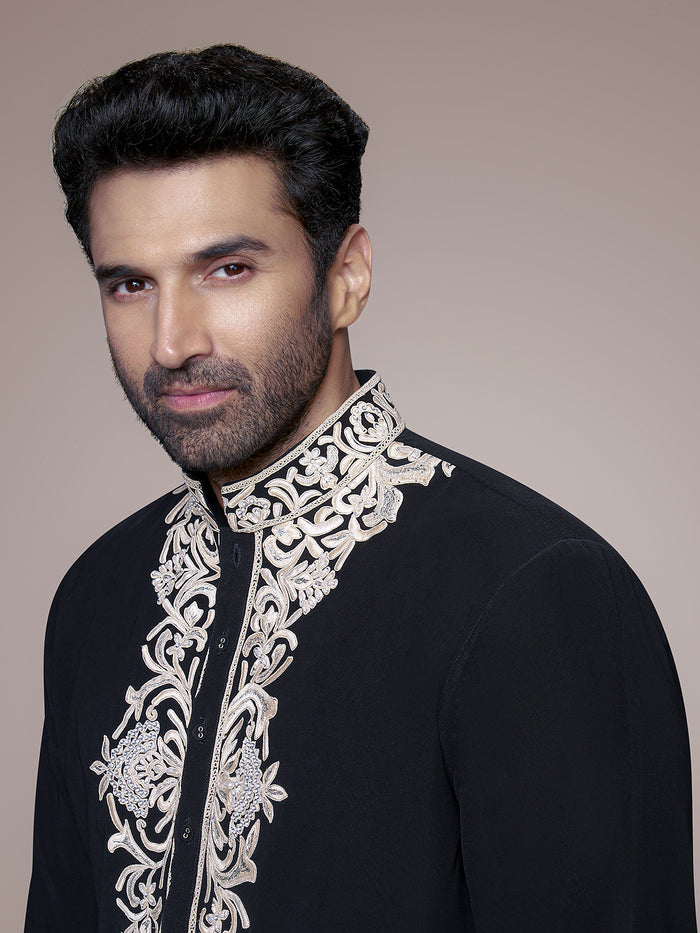 Black Satin Silk Embroidered Kurta Set- Aditya Roy Kapur Collection