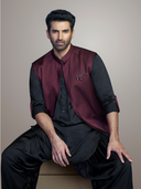 Black Slub Satin Open Bandi Kurta Set with Salwar - Aditya Roy Kapur Collection
