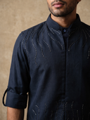 Navy Blue Terry Rayon Bandi Shirt with Embroidery