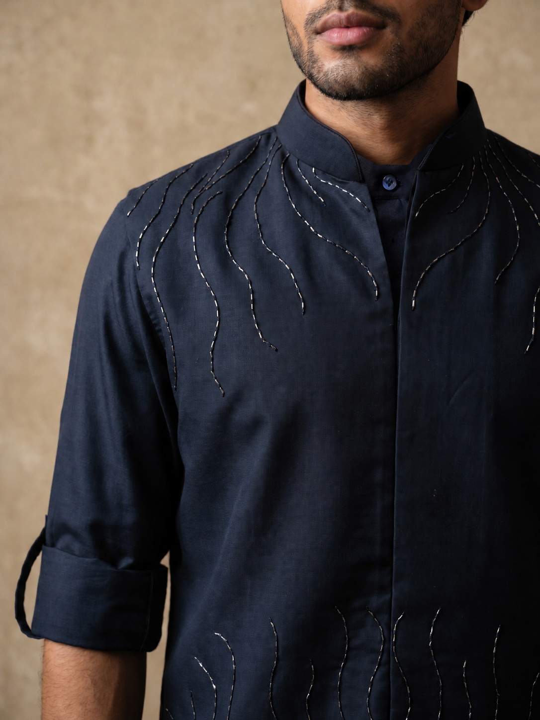 Navy Blue Terry Rayon Bandi Shirt with Embroidery - KORANM
