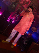 Dark Peach Satin Linen Embroidered Kurta Set with Off White Palazzo Pant | Men's Festive Wear - KORANM