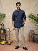 Navy Blue Terry Rayon Bandi Shirt with Embroidery