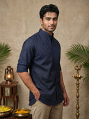 Navy Blue Terry Rayon Bandi Shirt with Embroidery