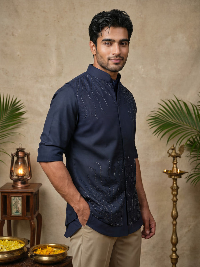 Navy Blue Terry Rayon Bandi Shirt with Embroidery