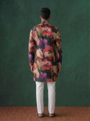Black Raw Silk Kurta Set with White Aligarhi for Men – Floral Ethnic Wear - KORANM