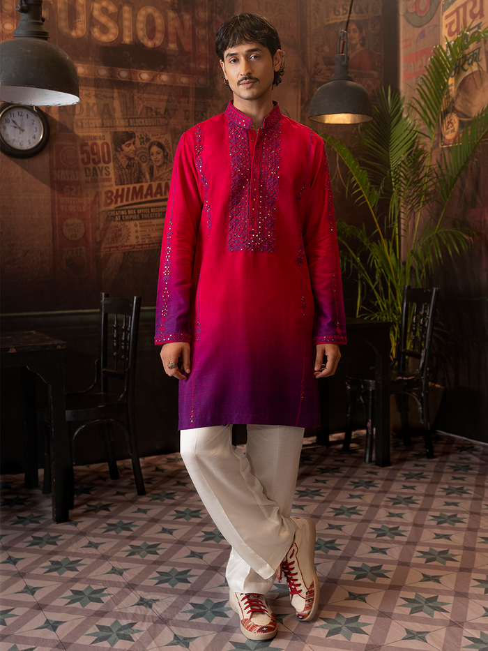 Pink Rose Silk Embroidered Kurta Set with Off White Plazo Pants | Men's Festive Wear