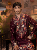 Wine Satin Linen Embroidered Kurta Set with Off White Plazo Pants | Men's Festive Wear